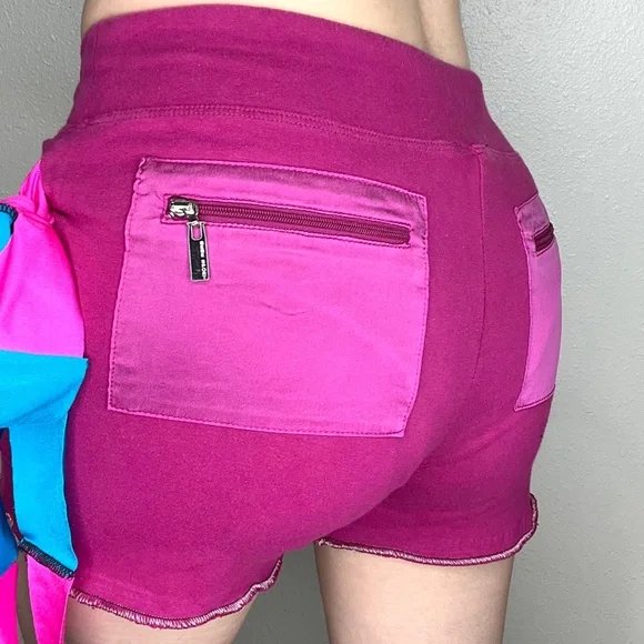 Pink Bow Shorts Size XS Blue Booty Festival Handmade Cotton Fringe Upcycled Y2k - Picture 3 of 11